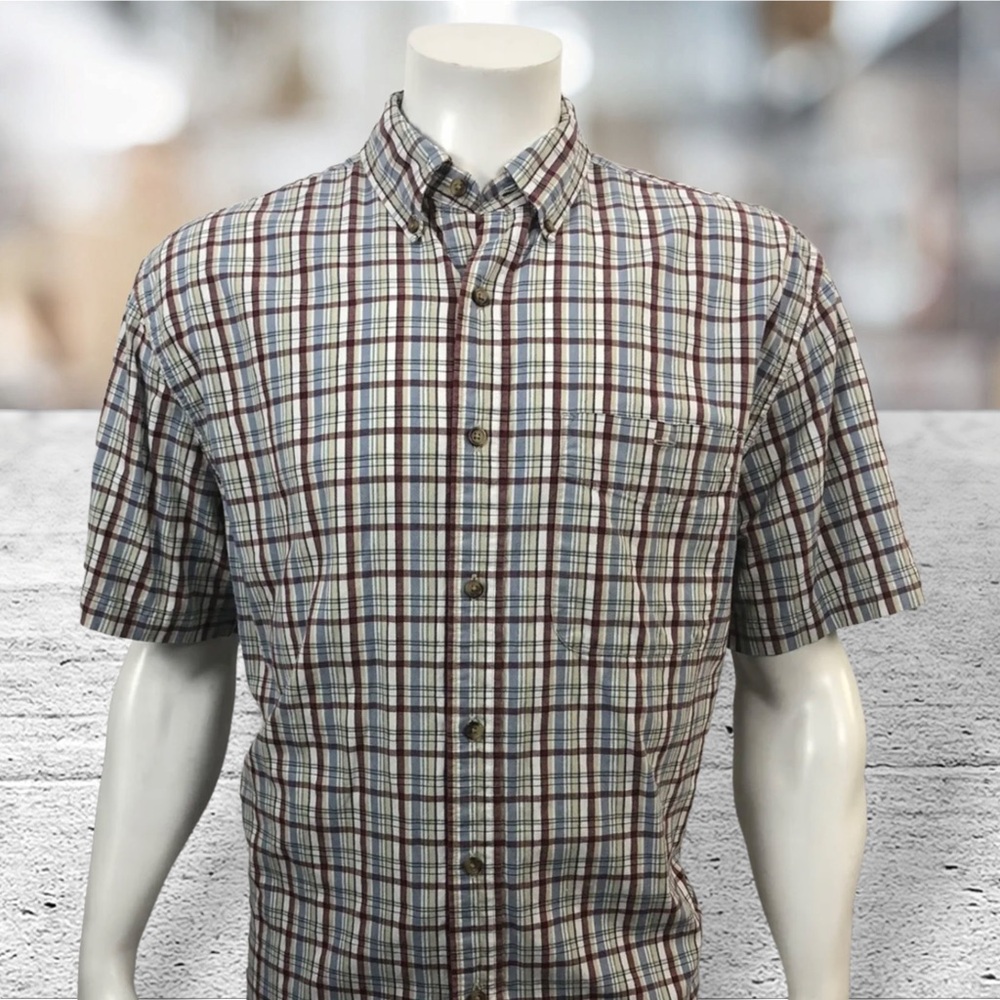 Eddie Bauer Plaid Blue-Red-Tan-White Short Sleeve Casual Button Down Shirt MD